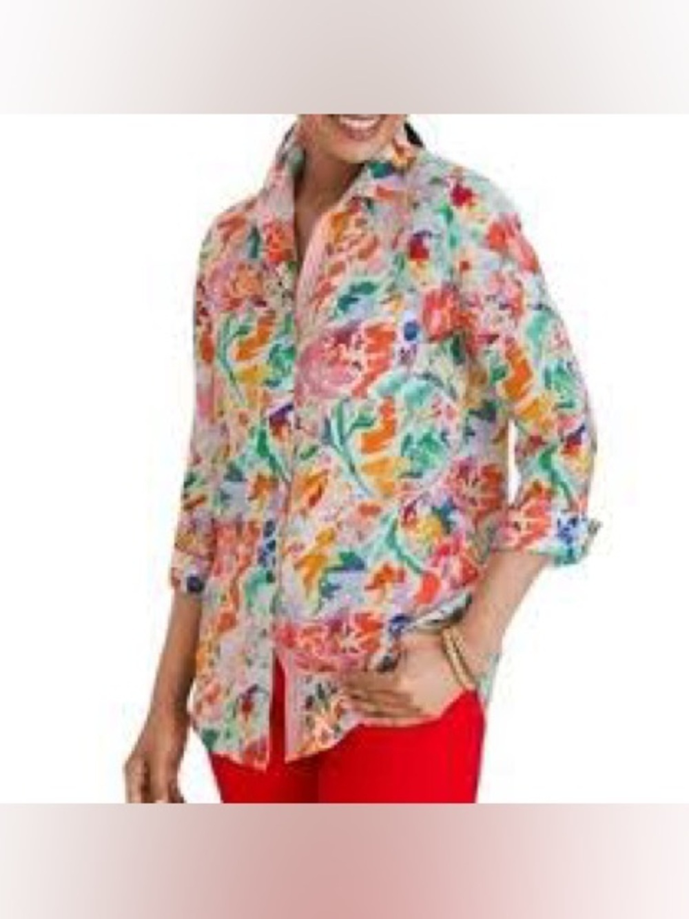 CHICO'S No Iron Freshchic Linen Floral Top Size Small 3/4 length sleeve summer